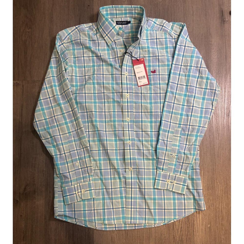 Southern Marsh Brevard Plaid Button Down Mens Small Teal Blue Wrinkle Free NWT